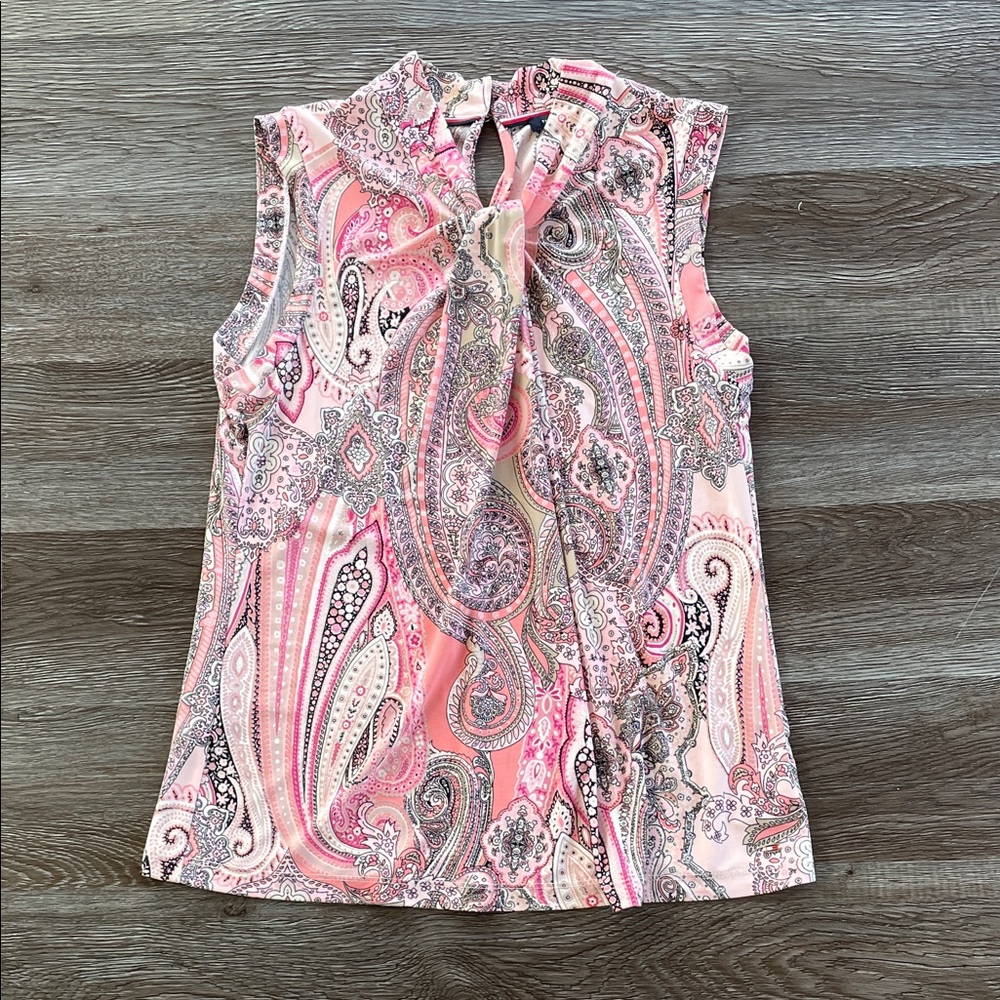 Tommy Hilfiger Sleeveless Blouse Women’s S Paisley Pink Knot-Neck Top